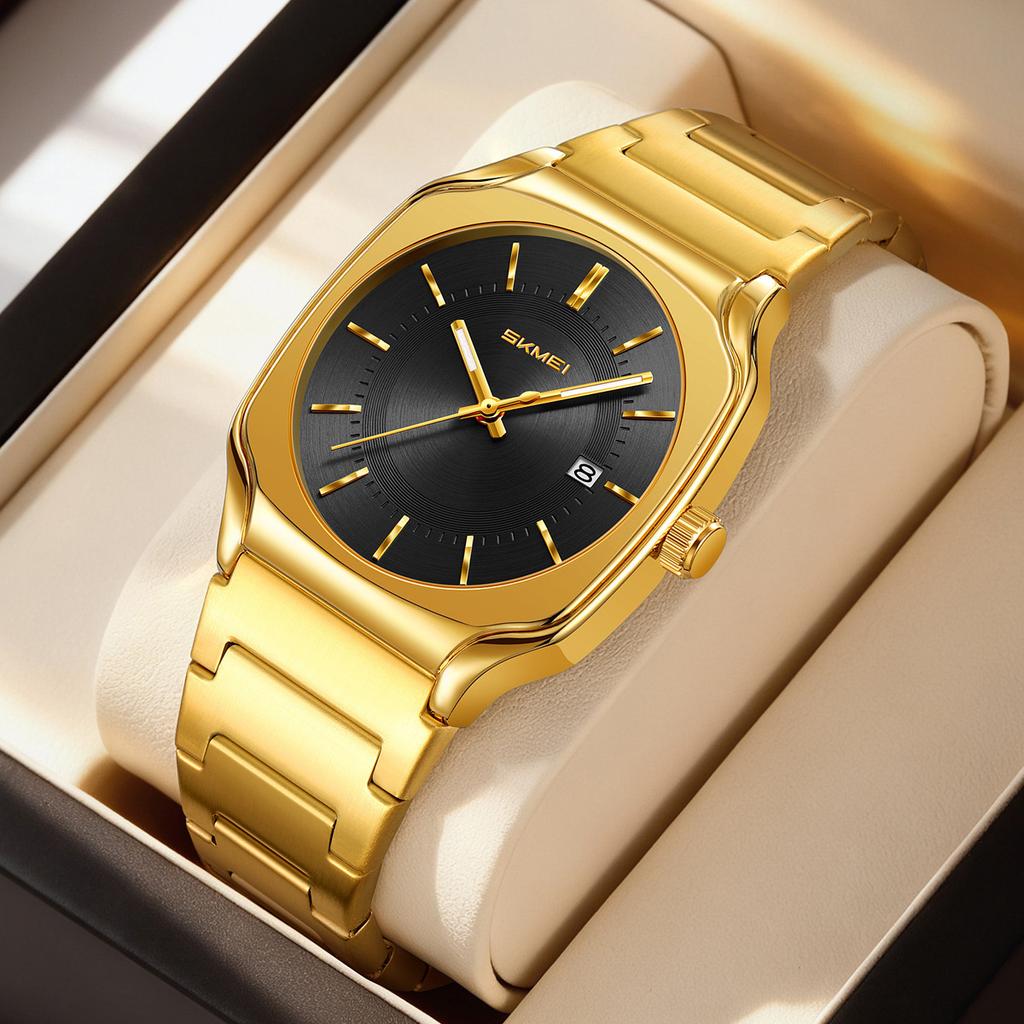 Mens Wristwatch Square Quartz Watches Waterproof, Date Function, Stainless Steel Band & Buckle