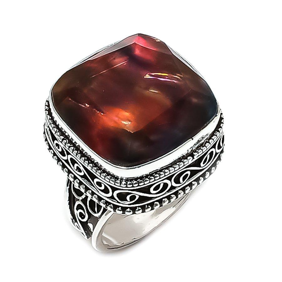 Natural Ammolite Gemstone Handmade 925 Sterling Silver Jewelry Ring Size 8 ETC-14456
