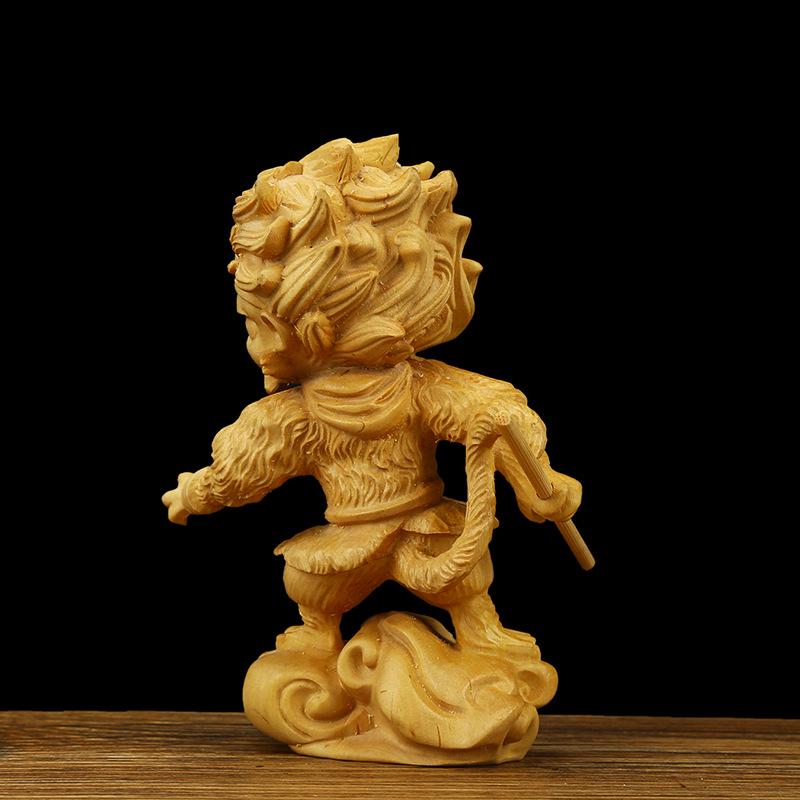 Boxwood Hand-carved Sun Wukong Statue Cartoon Creative Wood Carving Handicraft Collection Gifts