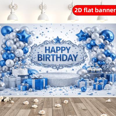 2D Flat Background Fabric with Blue and White Theme Suitable for Indoor and Outdoor Birthday Party Decoration Banners