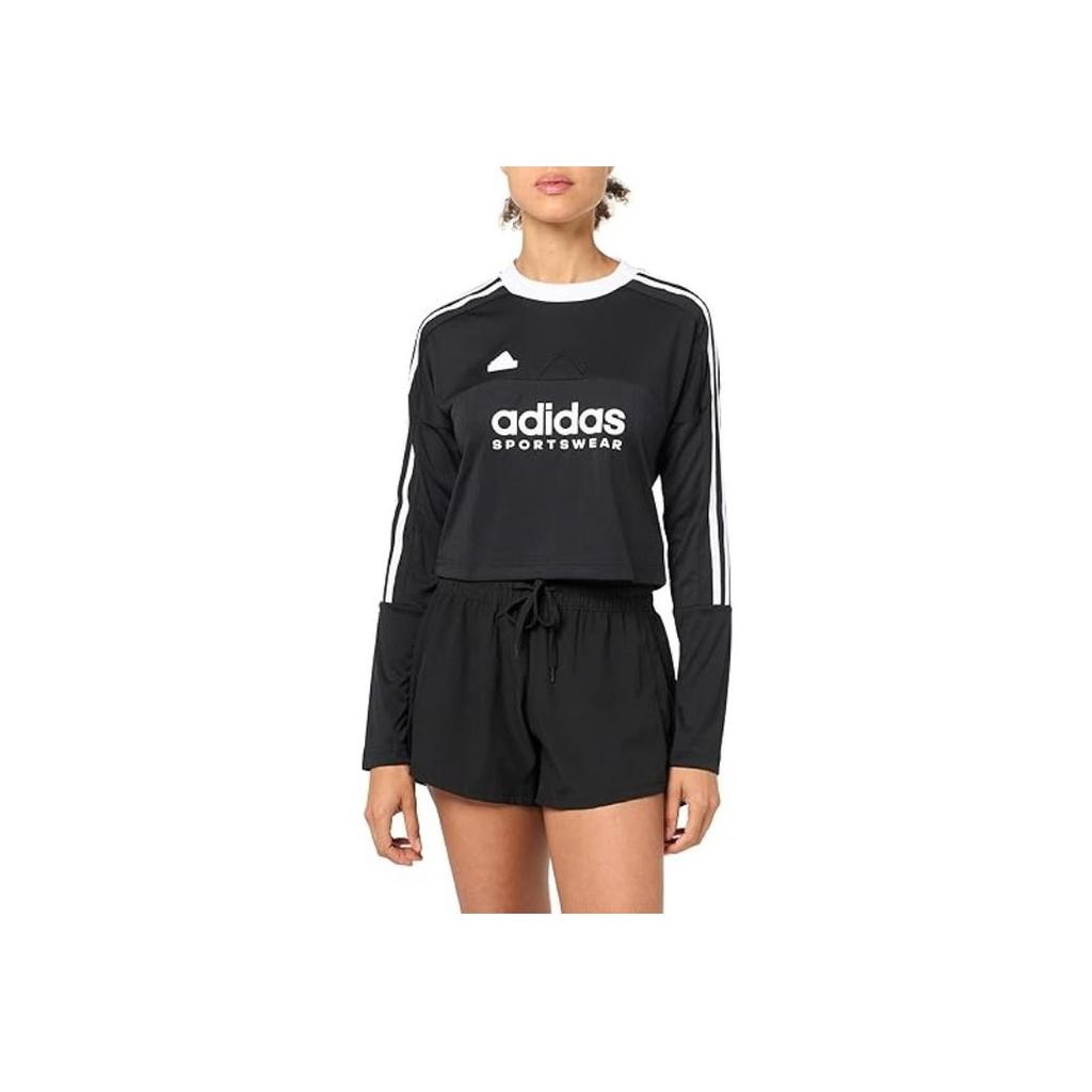 Adidas Gestreiftes T-Shirt mit Buchstabenprint, Rundhalsausschnitt, langen Ärmeln und regulärer Passform für Damen, Oberteile, Schwarz IS4575
