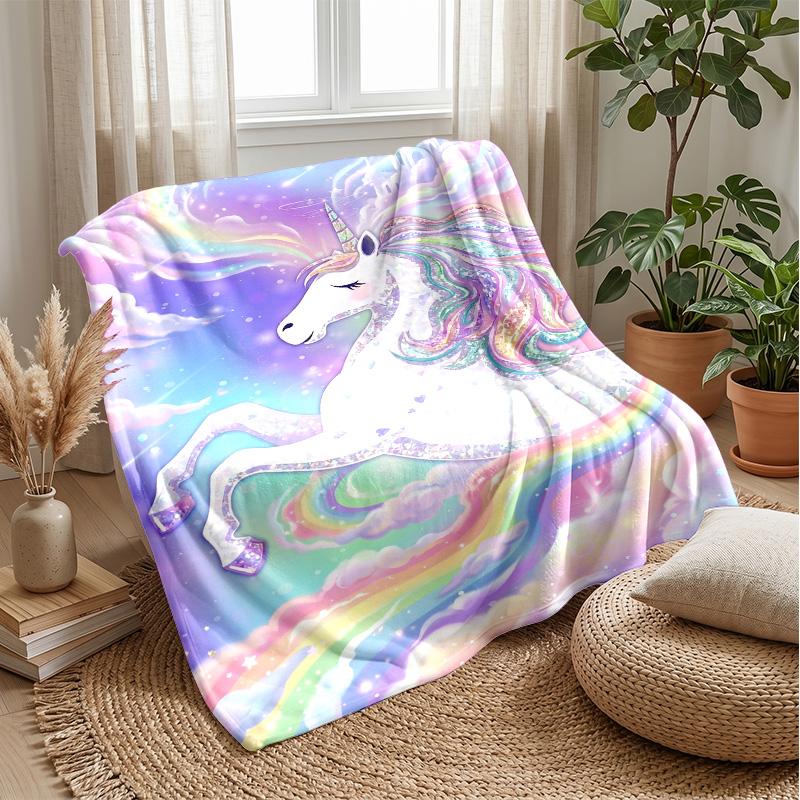 Rainbow Winged Unicorn Theme Blanket Lightweight Warm Flannel Blanket Decorative Throw Blanket for Home Decoration