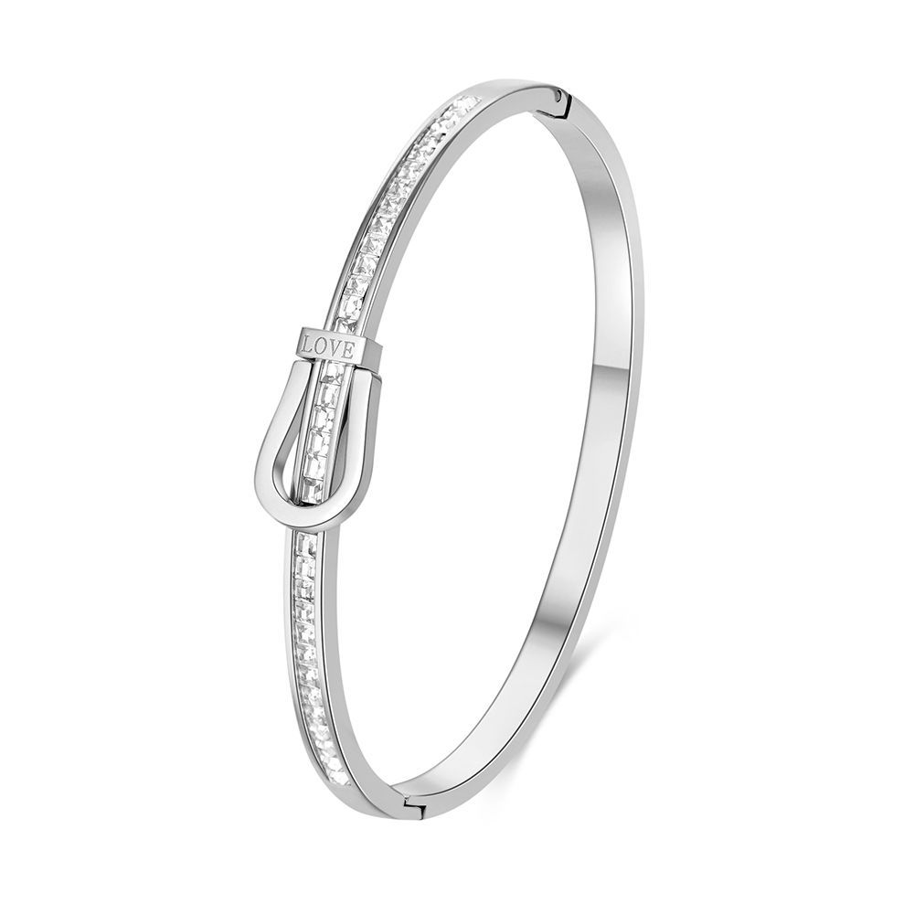 ZAKOL Classic Stainless Steel Open Bracelet for Women Men Horseshoe Buckle U-shaped Inlay Zircon Waterproof Zircon Gift