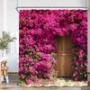 Green Vines Brick Wall Shower Curtain Pink Flowers European Garden Arch Door Bathroom Decorations Vintage Bath Curtain with Hook