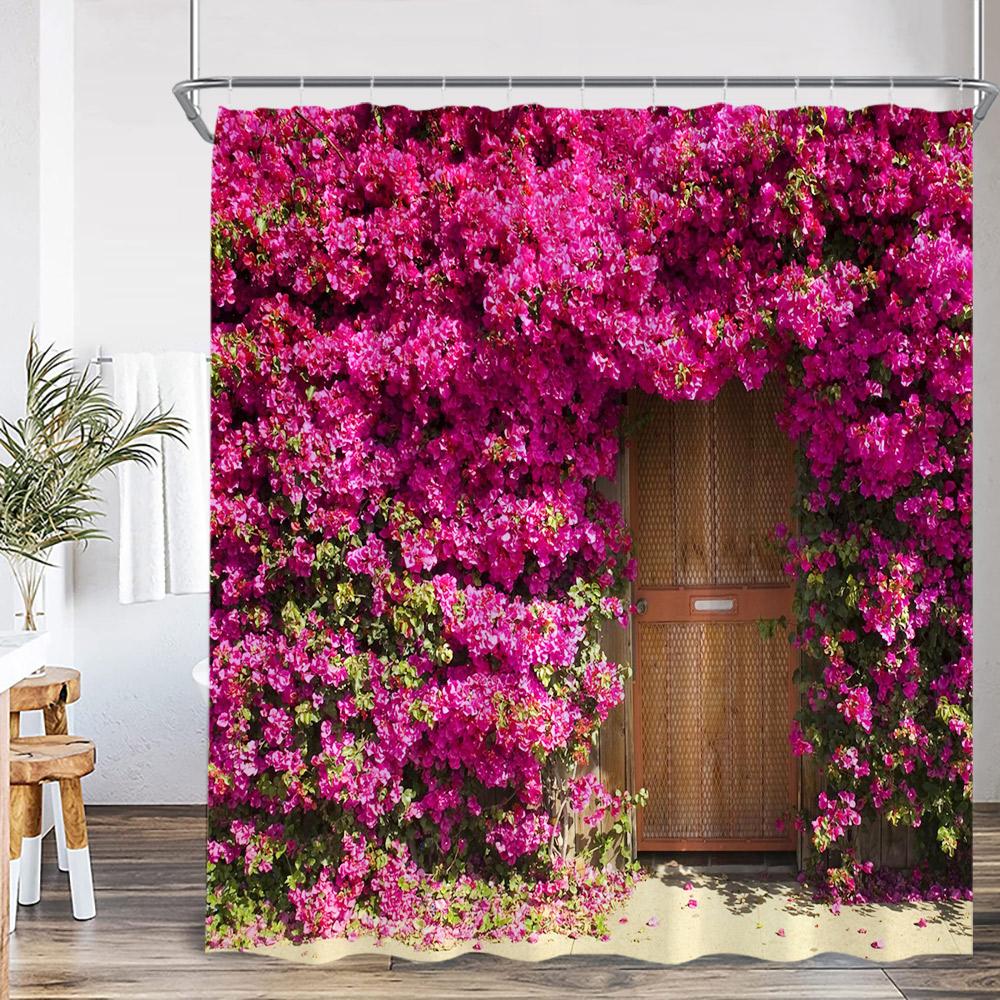 Green Vines Brick Wall Shower Curtain Pink Flowers European Garden Arch Door Bathroom Decorations Vintage Bath Curtain with Hook