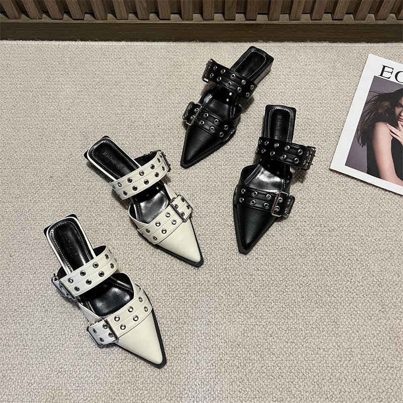 Thick heel niche design bag head half slippers women's shoes summer 2025 new metal buckle versatile muller shoes