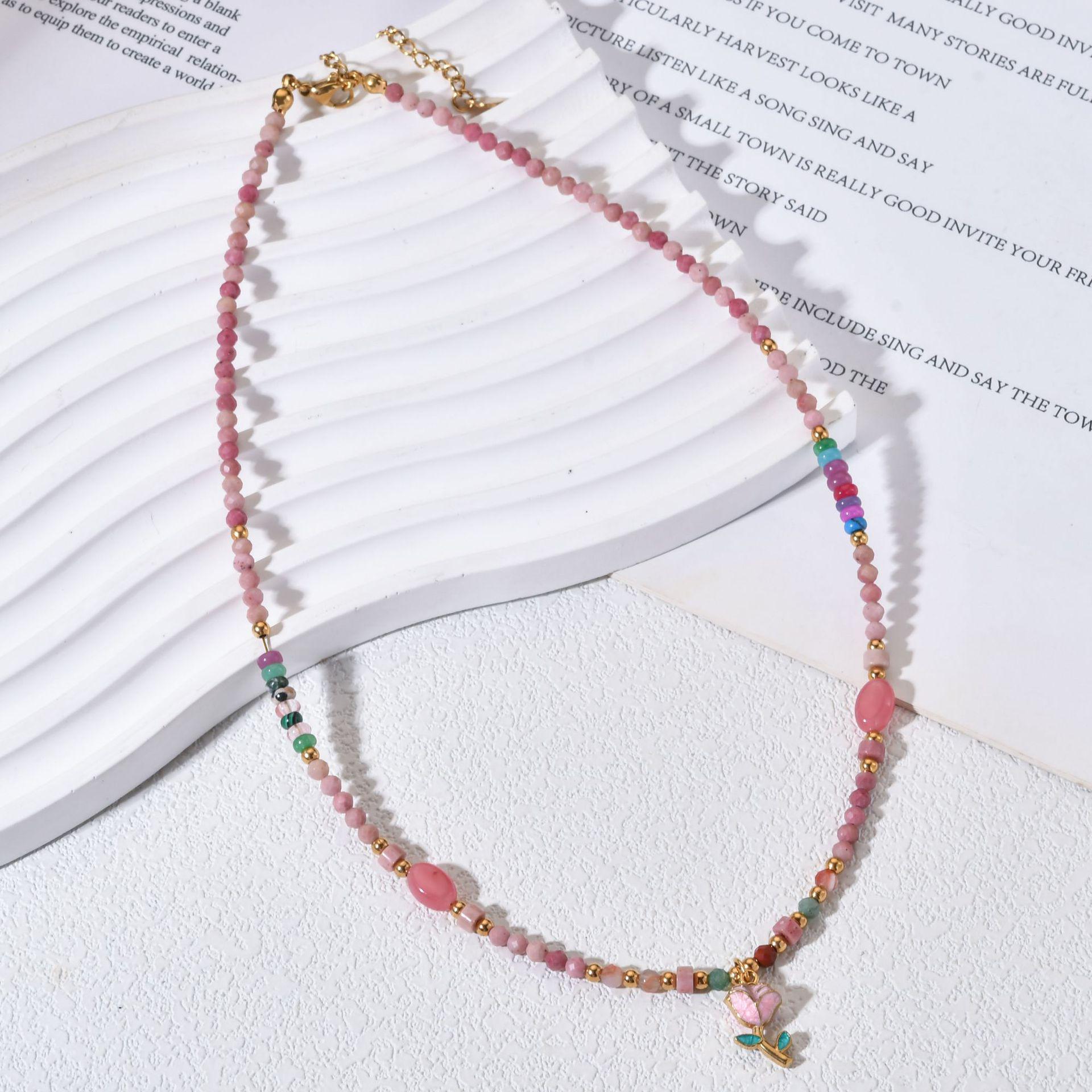 Red Striped Beaded Necklace with Stainless Steel Pendant - Retro, Simple, and Luxurious Design for Women