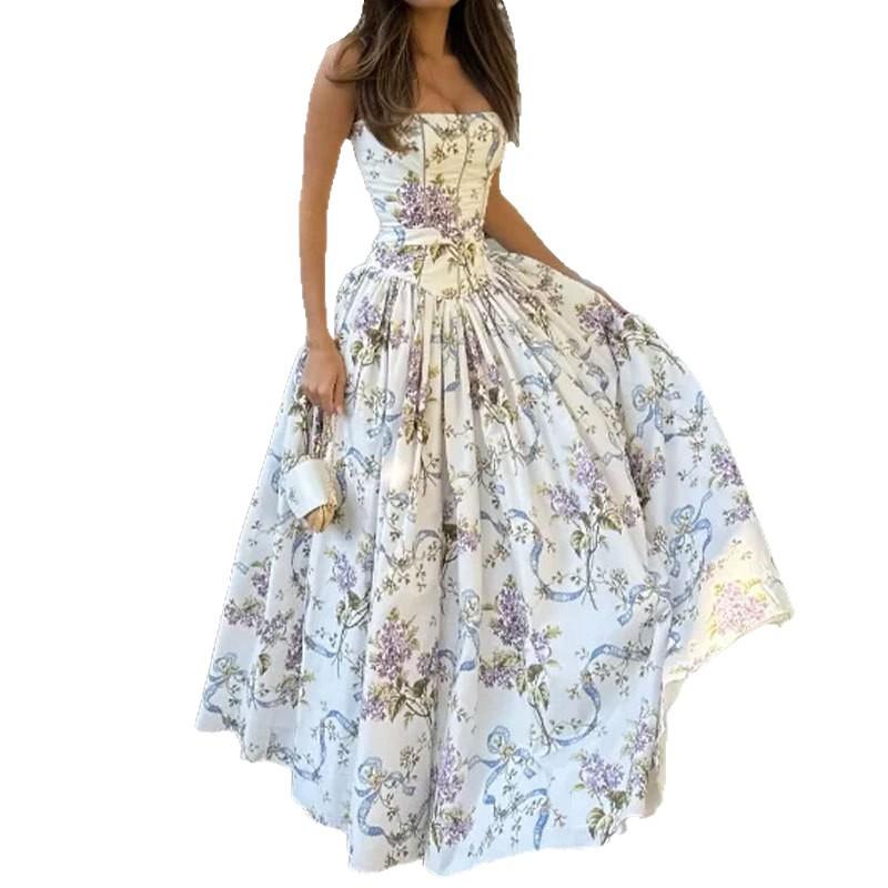 Women's spring new, European and American dresses, elegant temperament printed suspender dresses