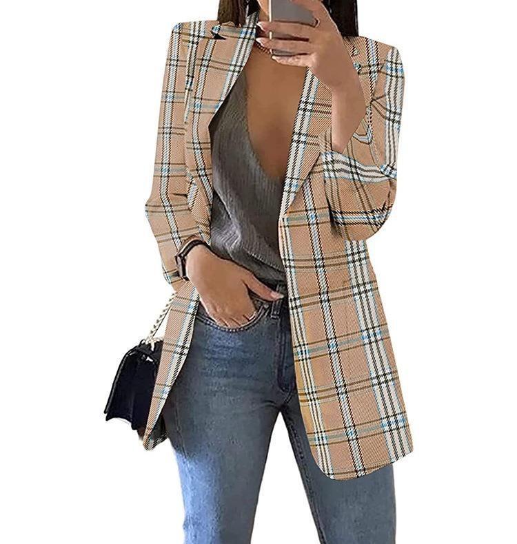 New Fashionable Women Casual Slim Fit Lapel Plaid Cardigan Suit Jacket
