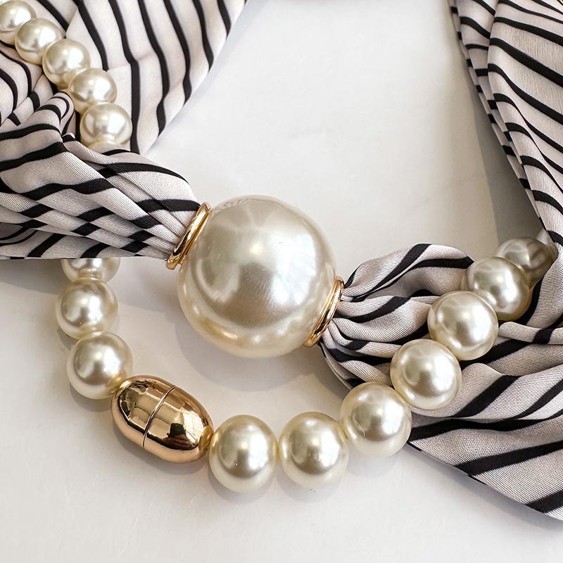 Simple magnetic buckle pearl long silk scarf women's spring and autumn scarf summer printing decorative scarf versatile thin neck protector