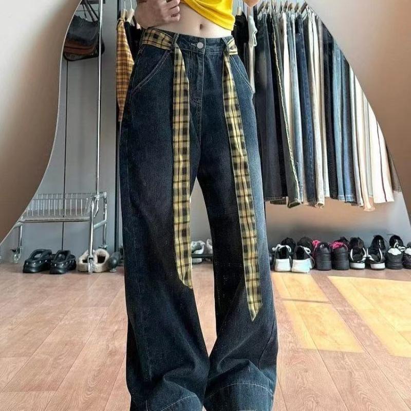 Cinto de Cintura Xadrez Longo e Fino Com Gravata Jeans Cachecol Acessório Decorativo Personalidade Tendência Faixa de Cabelo Acessório da Moda