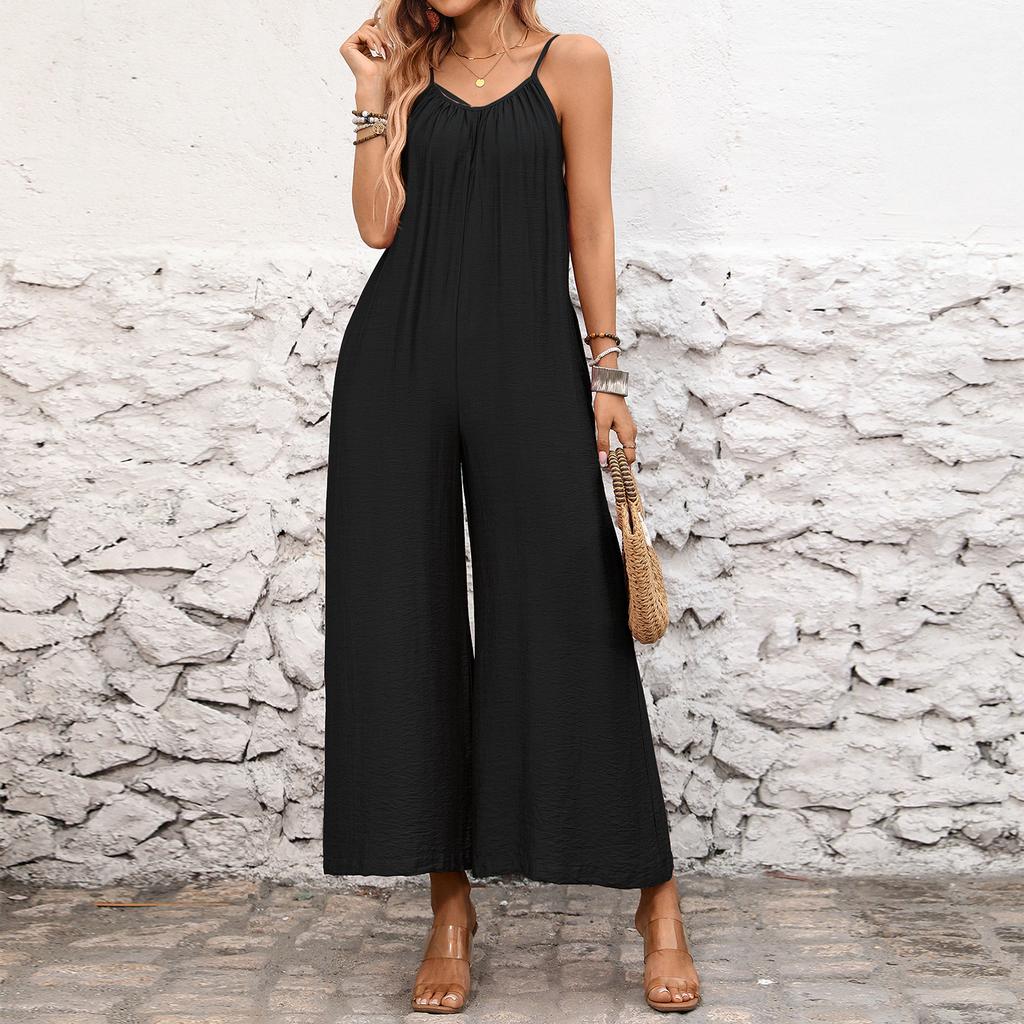 Women Loose Wide Leg Jumpsuit Adjustable Spaghetti Straps Sleeveless Casual Romper Full Length Palazzo Pants