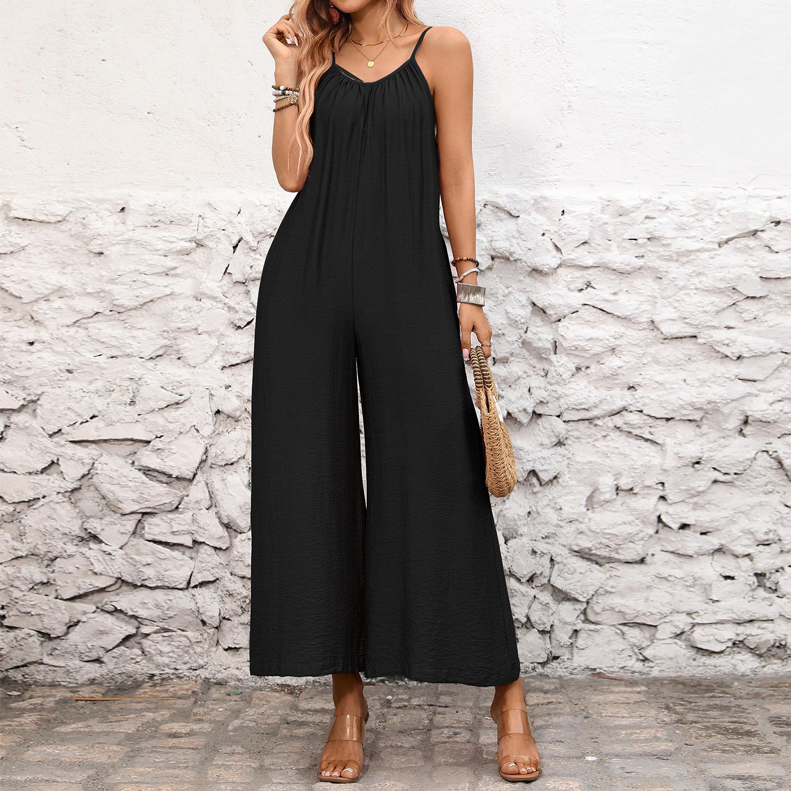 

Women Loose Wide Leg Jumpsuit Adjustable Spaghetti Straps Sleeveless Casual Romper Full Length Palazzo Pants L чёрный