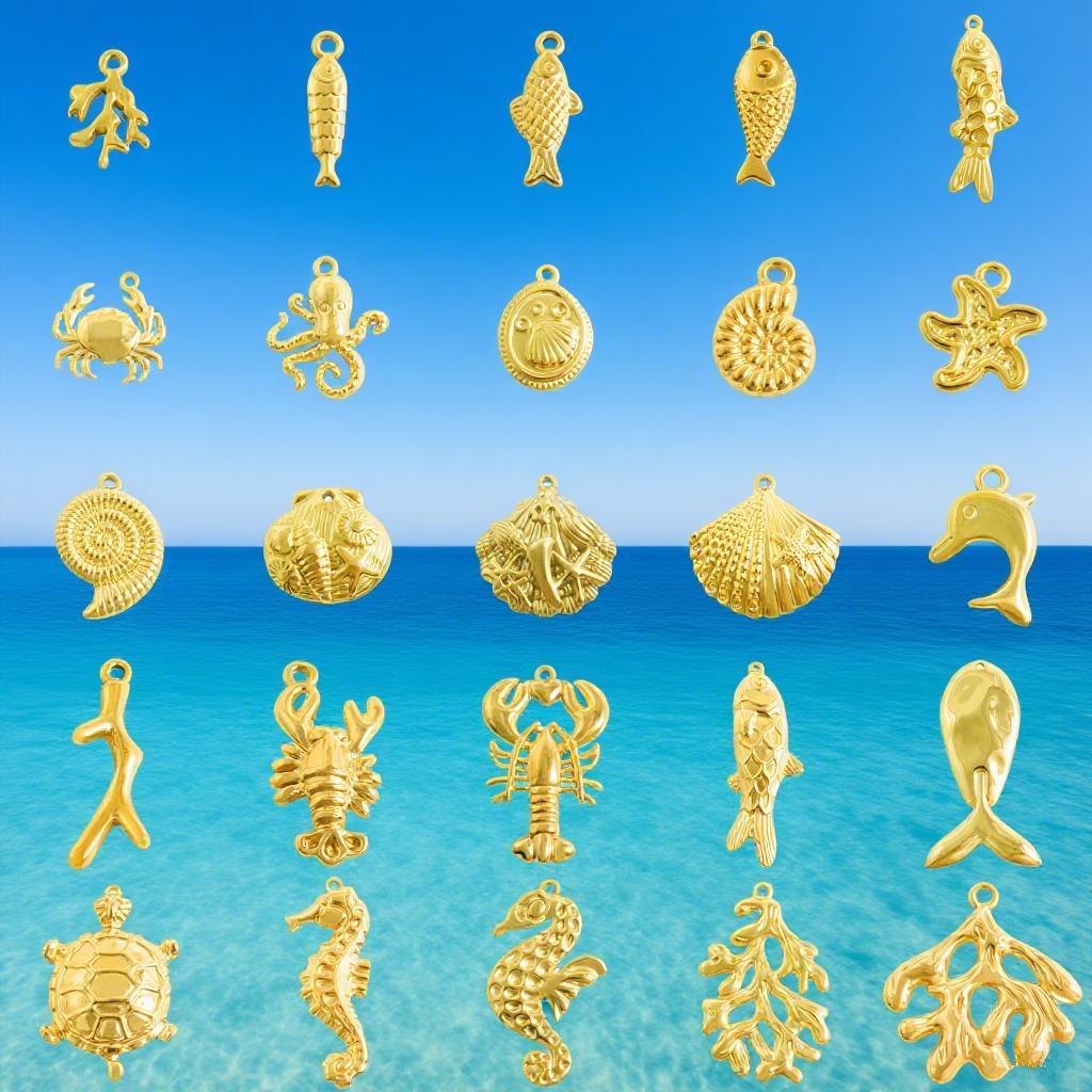 6pcs Real Gold Plated Marine Organism Shell Lobster Coral Stainless Steel Charms For Jewelry Making Supplies DIY Animal Pendant