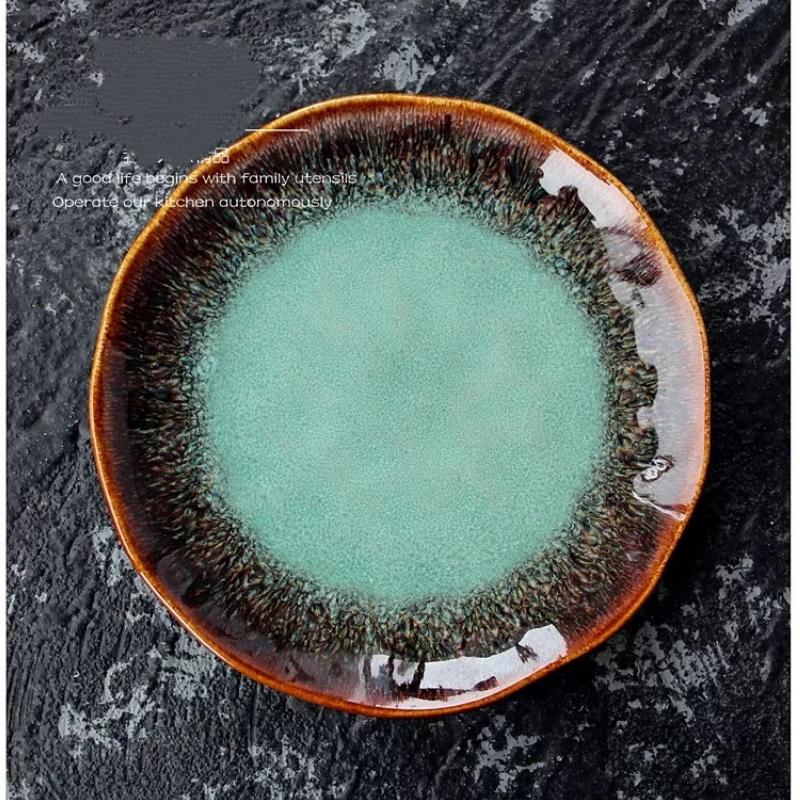 Creative European Ceramic Dinner Plate, Kiln-Changed Green Glaze Steak Plate, Household Salad Dish
