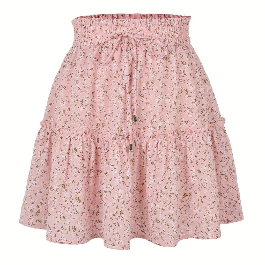 Summer Women's Casual High Waist Ruffled Floral Skirt Beach A-line Skirt