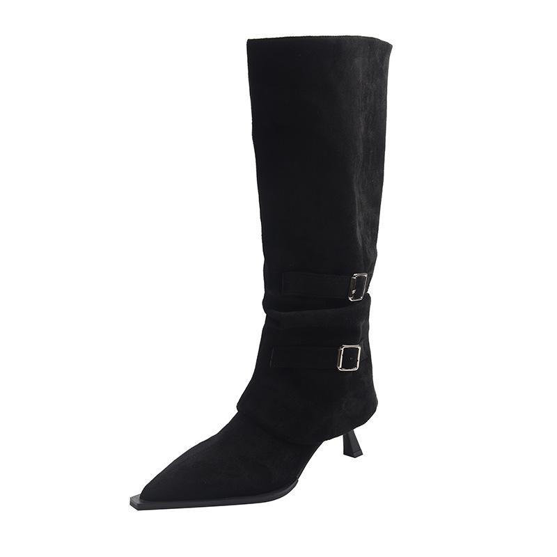 2025 New Two-wear Pointed-toed Thin-heeled High Boots Women's Suede Folds Piled Up But Knee Belt Buckle Boots