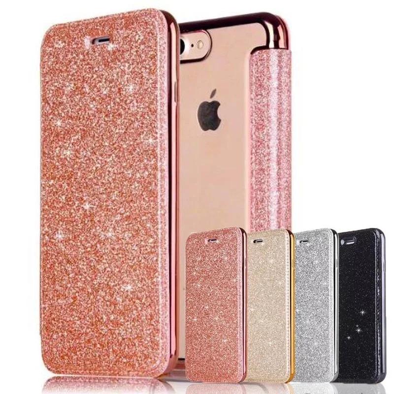 Lyxigt Glittrigt Läder Fodral med Fällbar Lock för iPhone 16 Pro Max 15 Plus 14 13 12 11 XS XR X SE 2026 Genomskinligt Bling Baksida TPU-skydd