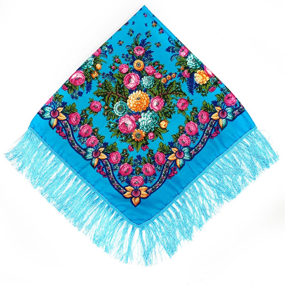 115*115cm Russian Style Square Scarf Women Luxury Floral Print Bandana Traditional Ukrainian Fringed Shawl Babushka Head Wraps