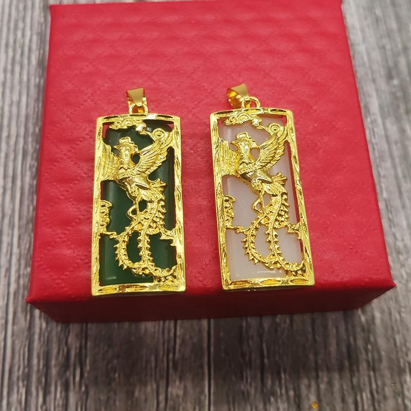 

Ожерелье с подвеской в виде Будды Гуаньинь из нефрита, инкрустированное золотом — этнический стиль для мужчин и женщин Dark Green