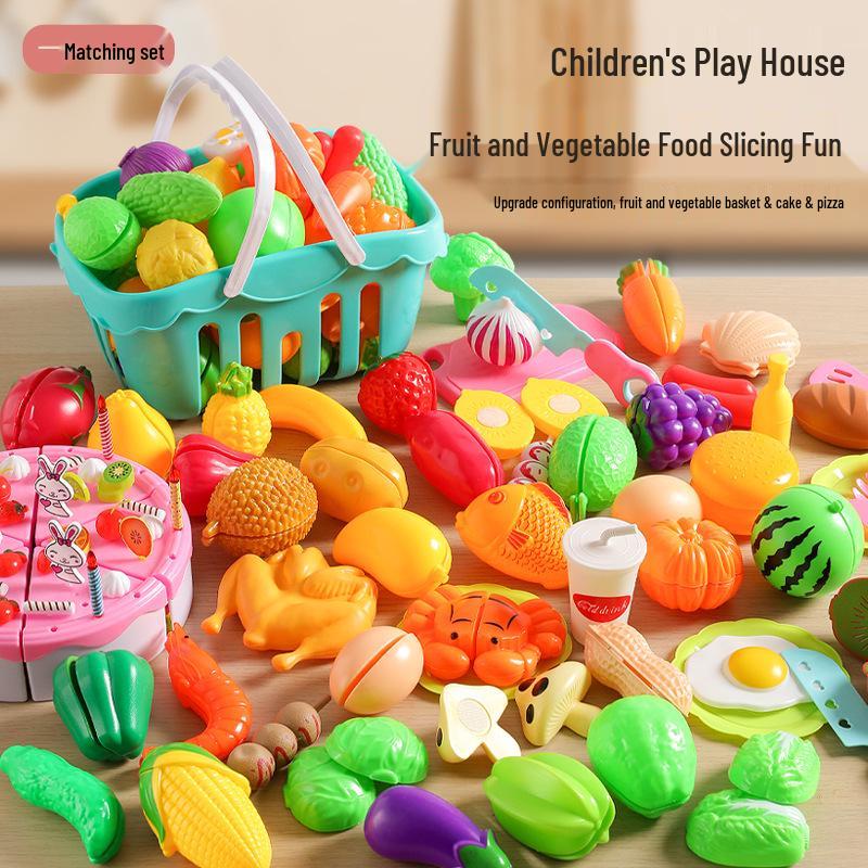 Kids' Pretend Play Kitchen Set: Vegetables, Pizza, and Fruit Cutting Fun