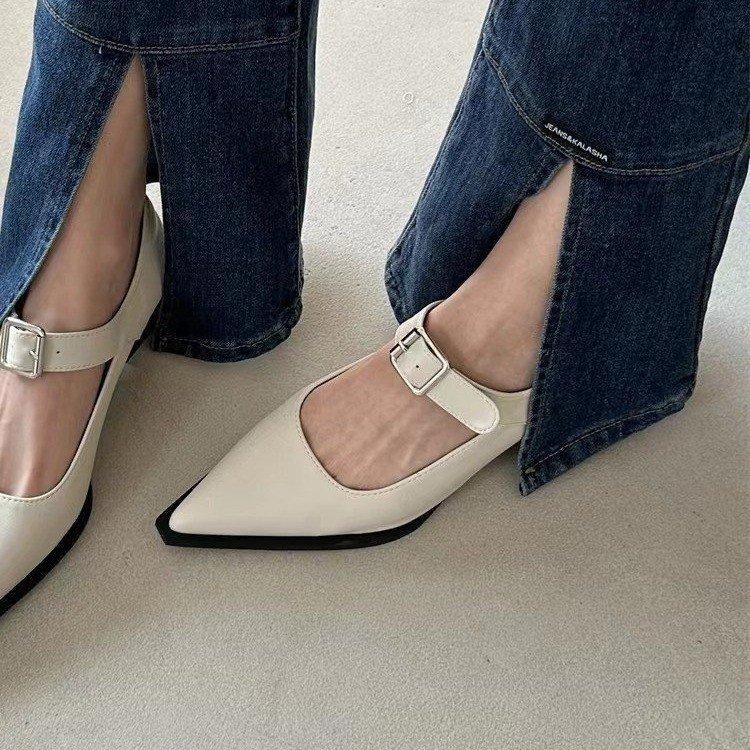 Thick Heel Women's Shoes 2025 Autumn New French Belt Buckle Mary Jane Women's Shoes Pointed Low Heel Shallow Mouth Single Shoes