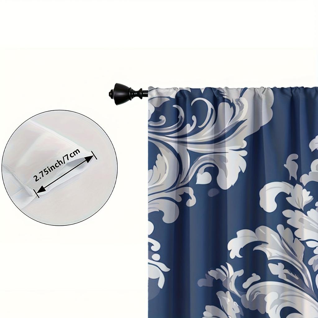Elegant Navy Blue White Damask Pattern Curtains Drapery Soft Gray Background Luxurious Design Details Perfect Set Of 2 Made Polyester