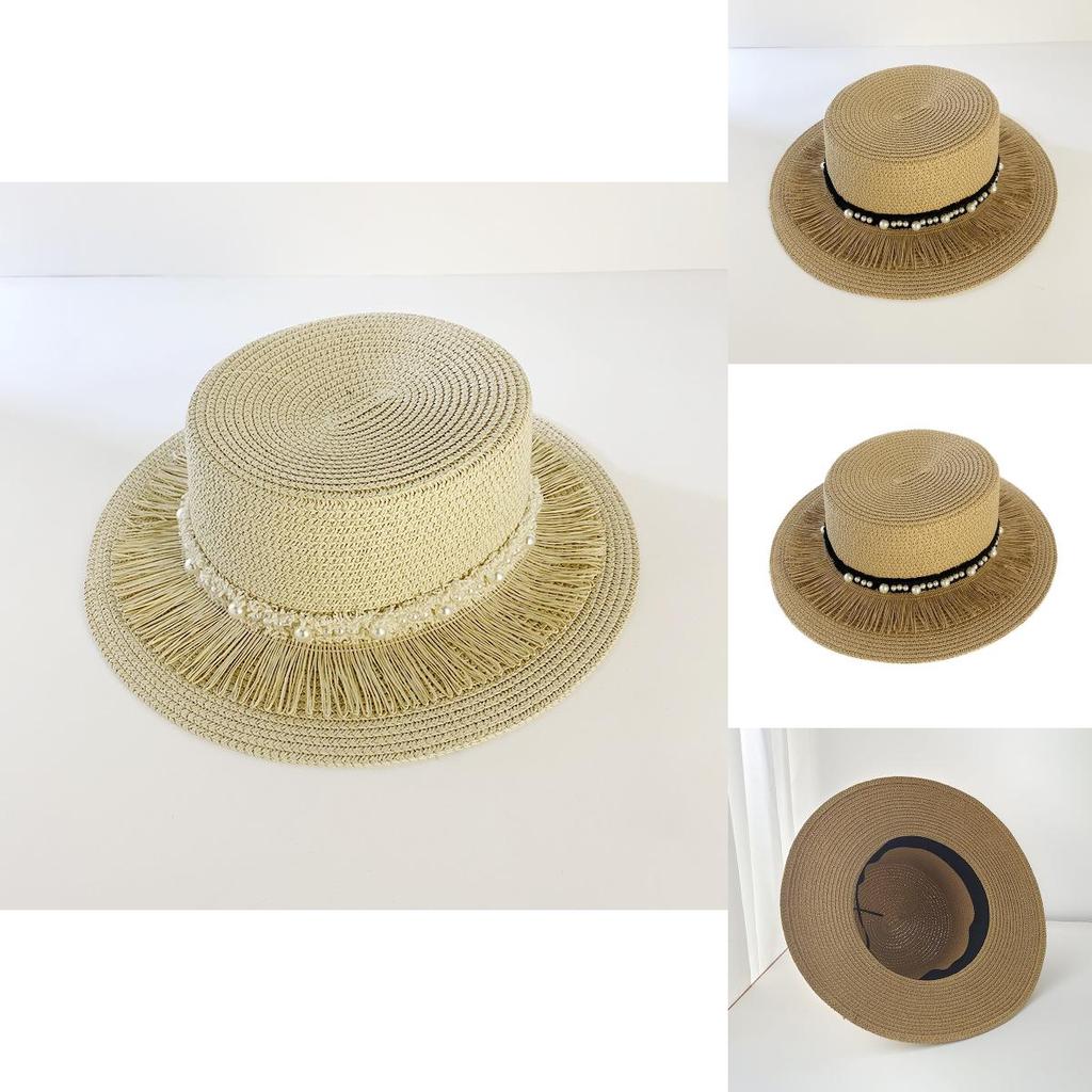 Women's Vintage Pearl Tassel Sun Hat French Retro Wide Brim Straw Hat