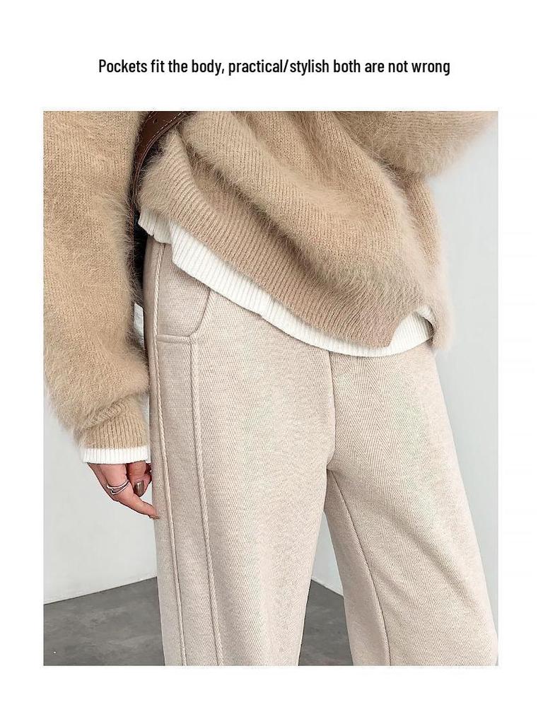 Damen 2024 Fischgrät Wollfleece-gefüttert Geschlitzte Straight-Leg Hose für Herbst/Winter Freizeitkleidung