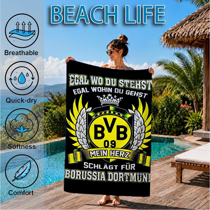 Plážová osuška z mikrovlákna s potiskem designu fotbalového míče BVB, měkká a savá, rychleschnoucí, ideální pro letní cestování, nezbytnost na pláž, k bazénu