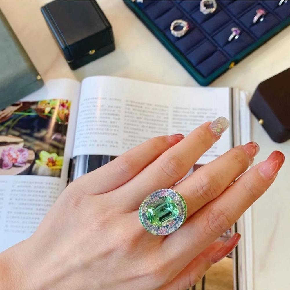

French Vintage Mint Green Tourmaline Open Ring Luxury Precision Cut Green Diamond Jewelry for Women adjustable