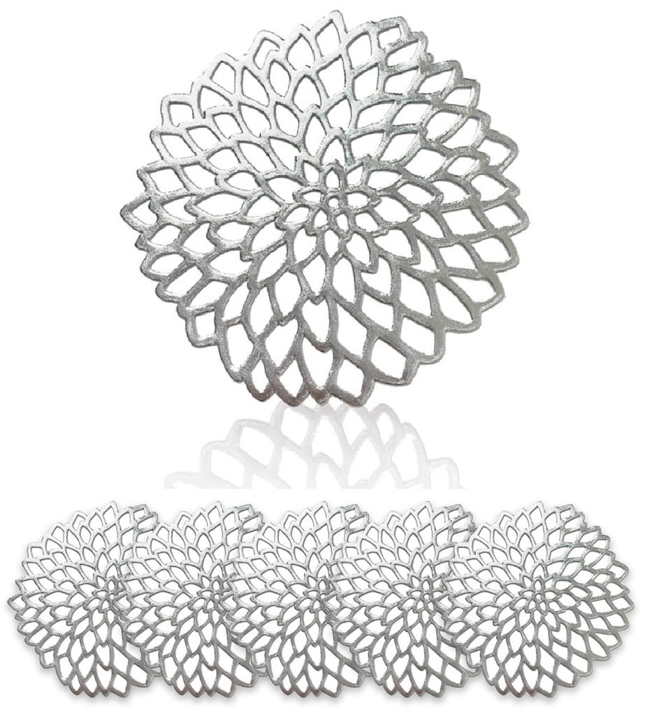 [GJTr] Set of 6 Coasters, Cup Holders, Glass Mat, PVC, Dahlia (Silver)