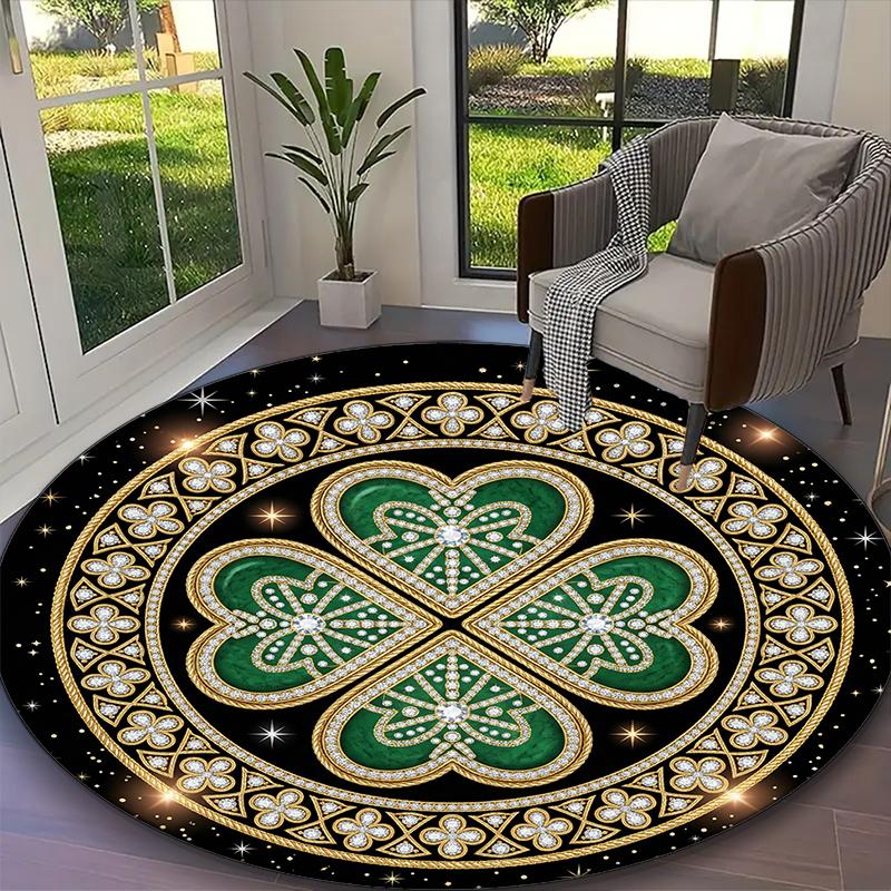 1pc Round Rug Appropriate for Office, Golden Blue Clover Carpet, Versatile Printed Chair Rug, Durable Home Sofa Carpet
