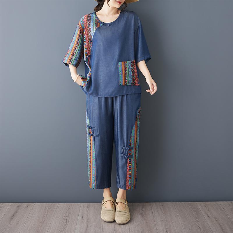 DIMANAF Plus Size Pants Suits Women Sets Suits Loose Tops Shirts Long Pants Cotton Vintage Casual Clothing Summer