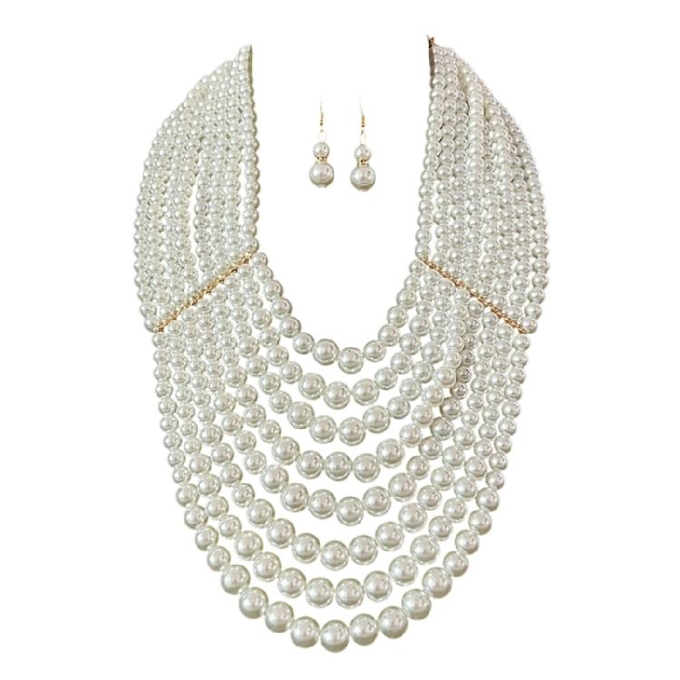 Versatile Multi Strand Simulated Pearls Necklace Earrings Set Vintage Inspired Design Clavicle Chain For Fashionistas
