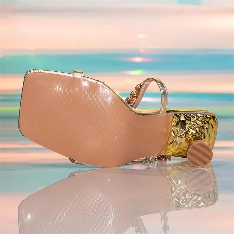 Fashion Golden Crystal Metal Chain Buckle Strap Women Sandals Sexy High Heels Square Toe Banquet Party Summer Shoes