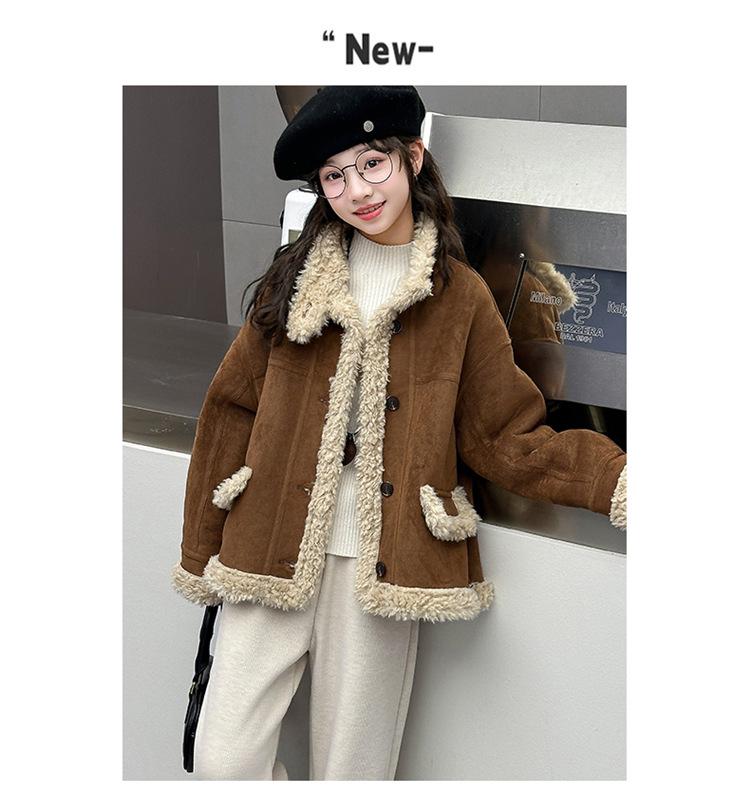 Girls' Fashionable Faux Fur and Leather One-Piece Winter Coat with Cotton-Padded Jacket for Autumn 2025