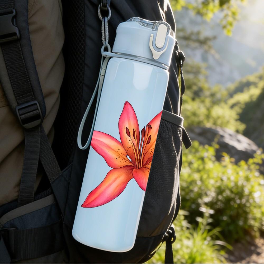 1PC Pink Lily Flower Illustration 750ml Color Plastic Sports Water Bottle Leakproof Flip Straw Lid Suitable for Sports Office Home Use