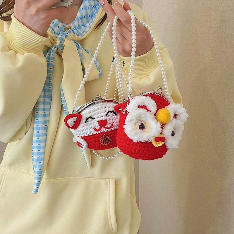 New Year Waking Lion Fortune Cat Coin Purse With Handcrafted Knitted Wool Material For Girls And Children