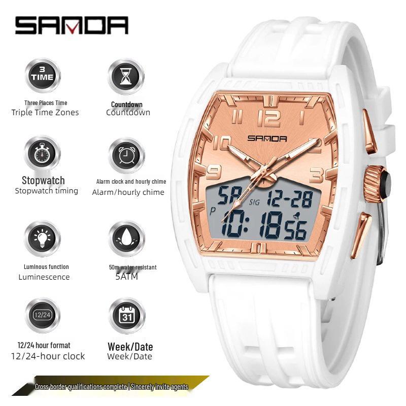 SANDA Men's Waterproof Luminous Sports Watch - Countdown & Multifunctional Barrel-Shaped Electronic Watch with Large Dial