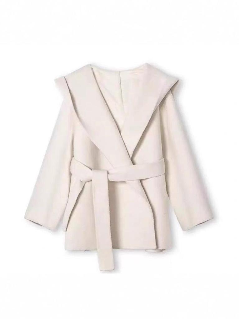 Petite Women's Mid-Length Tie-Waist Wool Coat - Fashionable, Loose, Casual Design