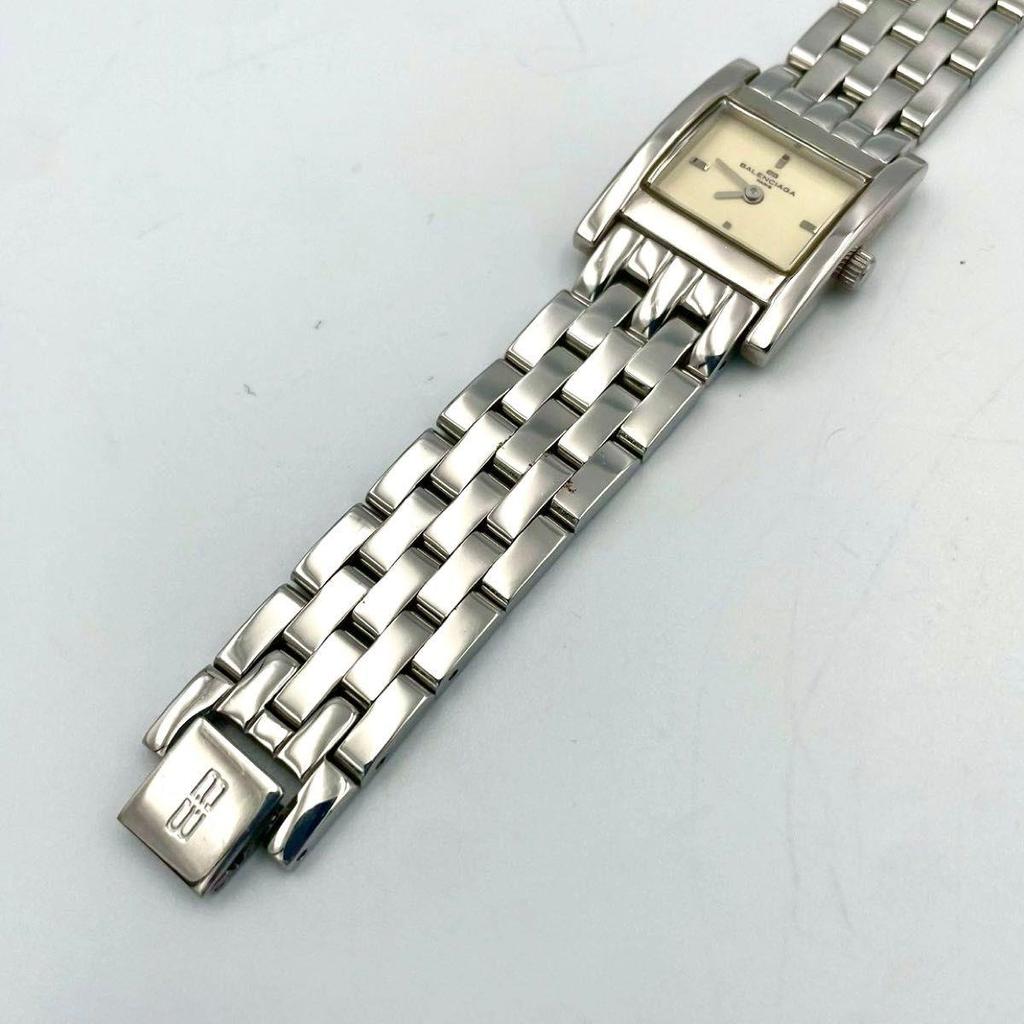 Used 984 New Battery BALENCIAGA Balenciaga Watch Square Quartz Ivory Stainless Steel Silver Ladies