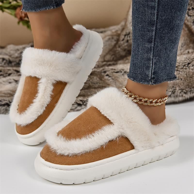Winter Women Platform Fur Slippers Warm New Short Plush Flats Home Cotton Shoes Suede Slippers