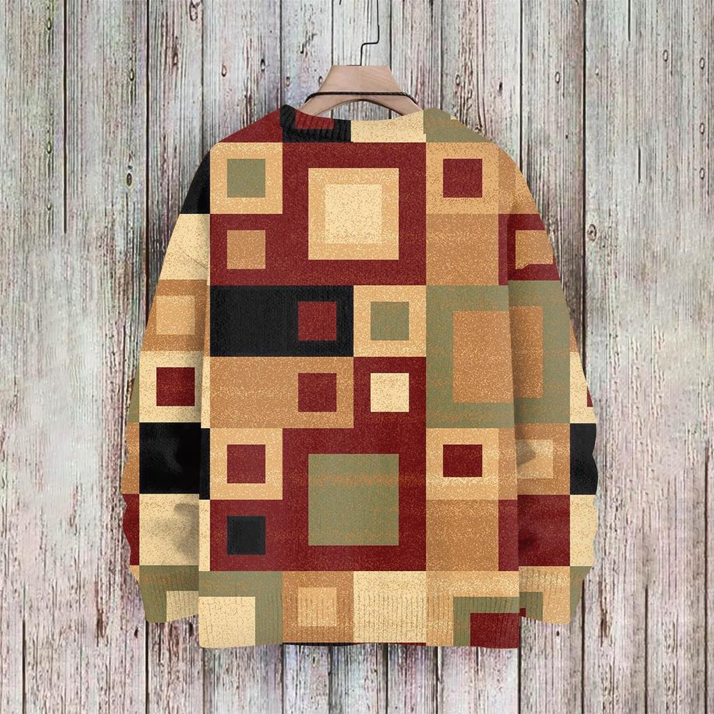 Men'S Printed Synthetic Sweater Round Neck Sportswear Loose Long Sleeved Top