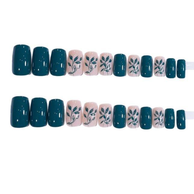 24pcs Wearable Green Leaf Fingernail Covers - Fresh, Removable, Whitening Nails for Europe and America Markets