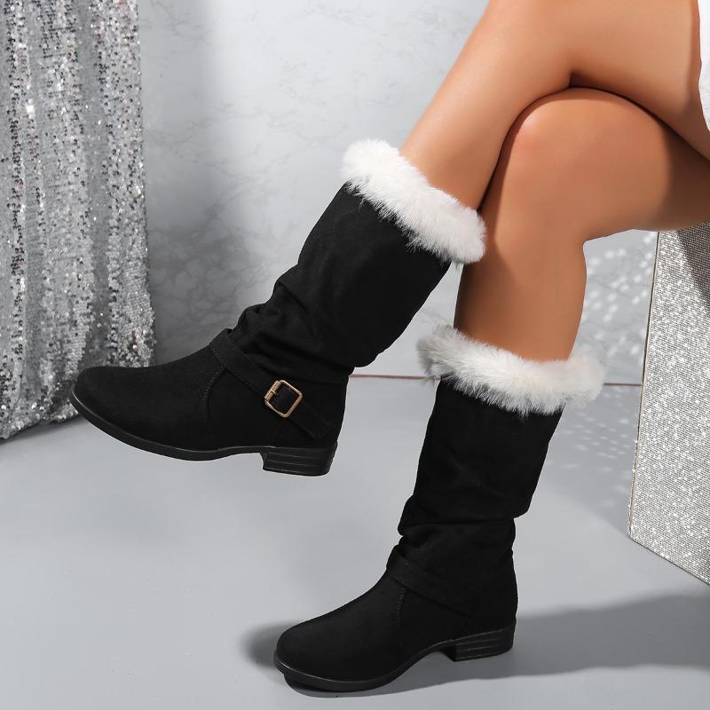 

Модные высокие плиссированные сапоги женские на блочном каблуке сапоги с толстым голенищем зимняя флисовая теплая обувь 42 чёрный