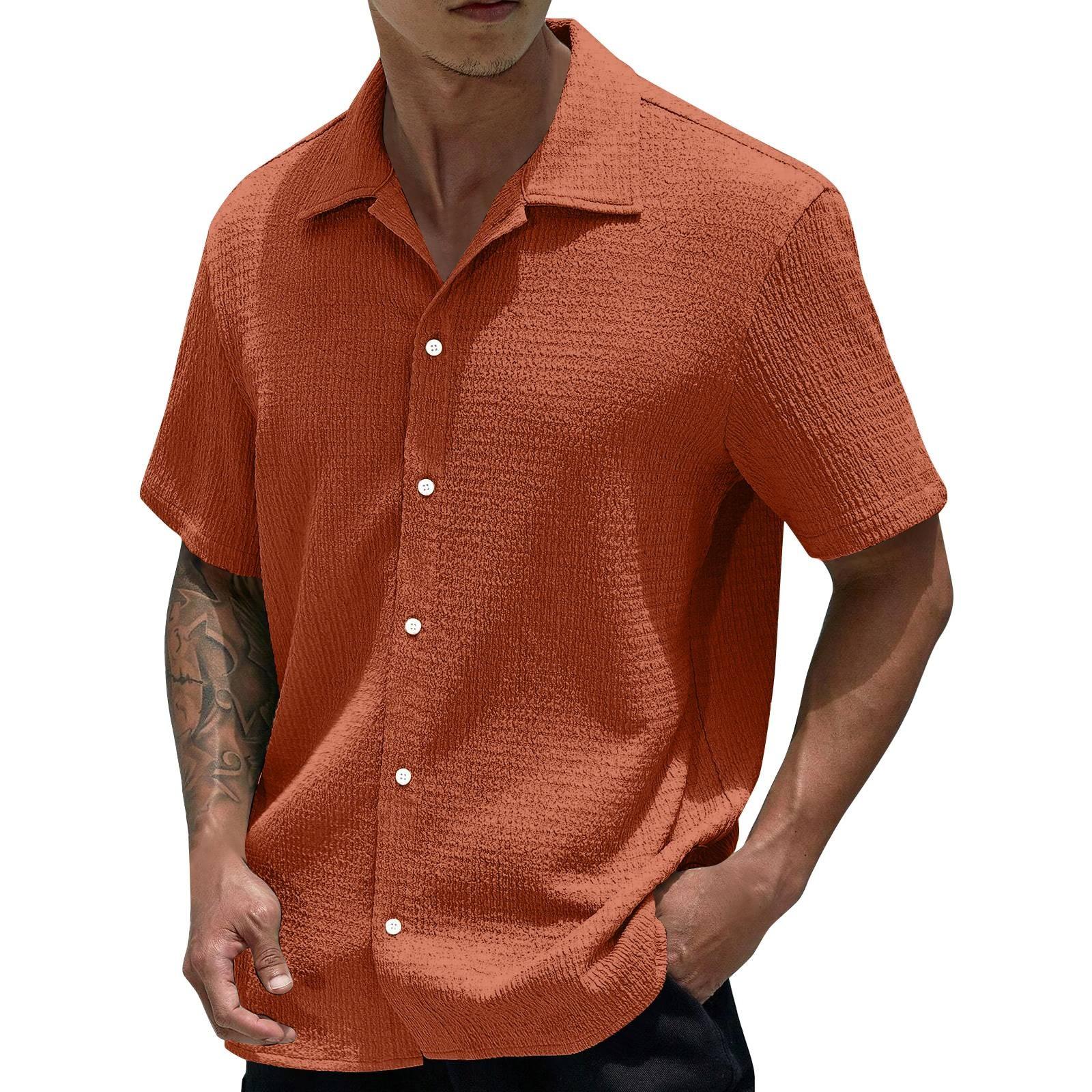 

Мужская летняя однотонная рубашка с лацканами и короткими рукавами, мужская повседневная модная рубашка с короткими рукавами L оранжевый