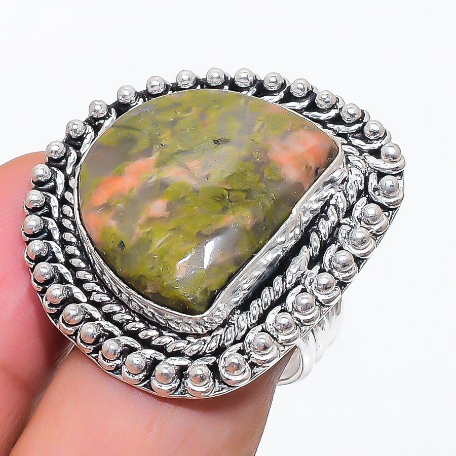 Natural Unakite Gemstone Handmade 925 Sterling Silver Jewelry Ring Size 9 I8r89