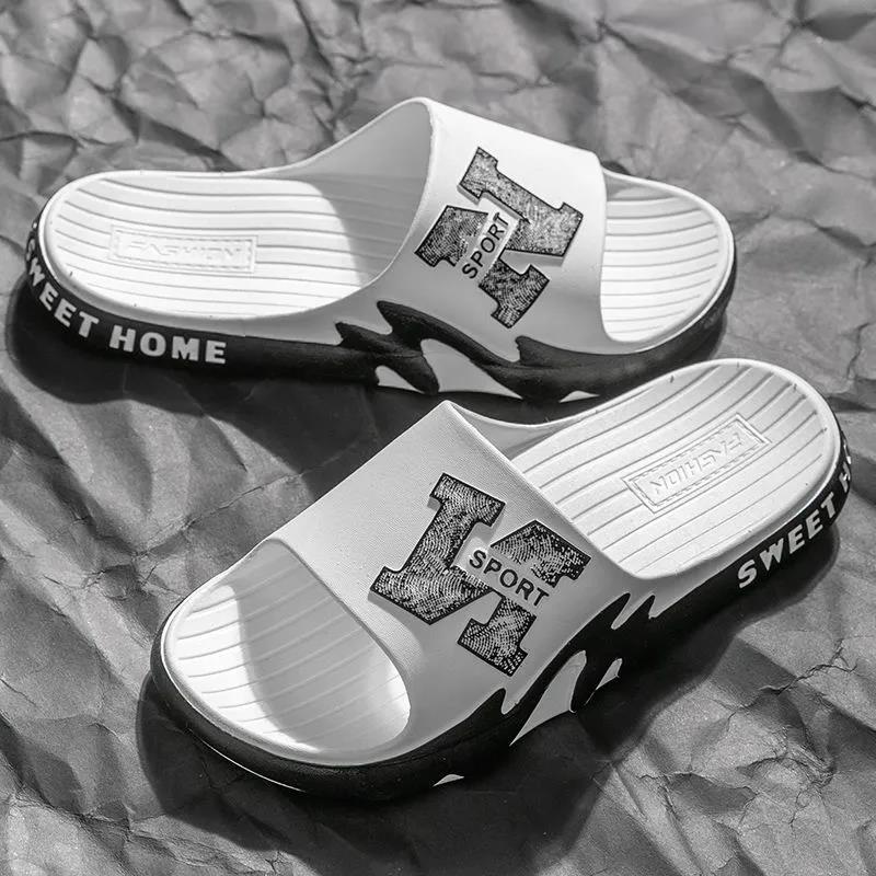 Man's Slippers In Summer Soft Sole Anti-slip Indoor Shower Slippers Versatile Solid Color Casual Print Flat Slippers