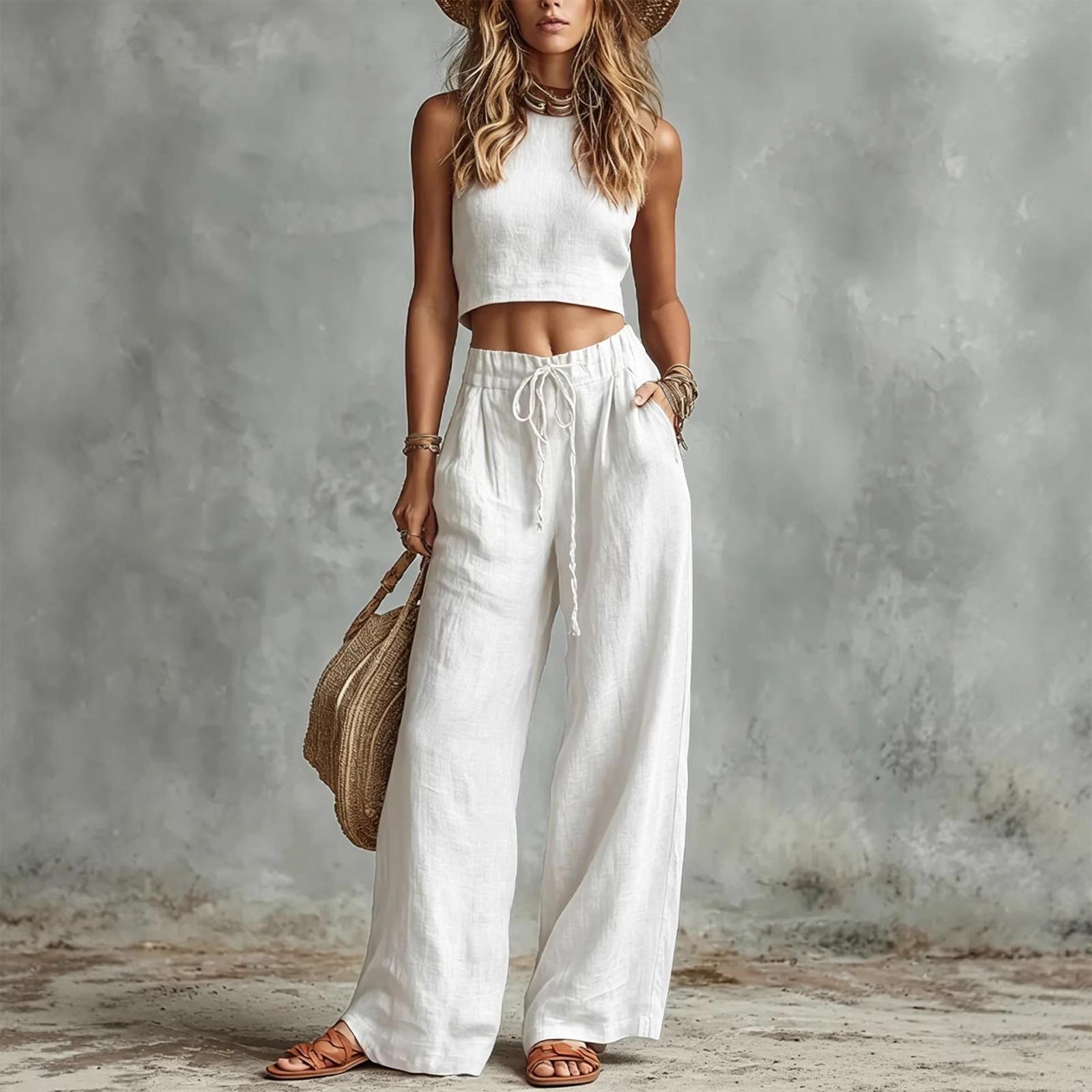 

Women s Casual Fashion Vest Top, High Waisted Pants,Linen Two-piece Set M белый